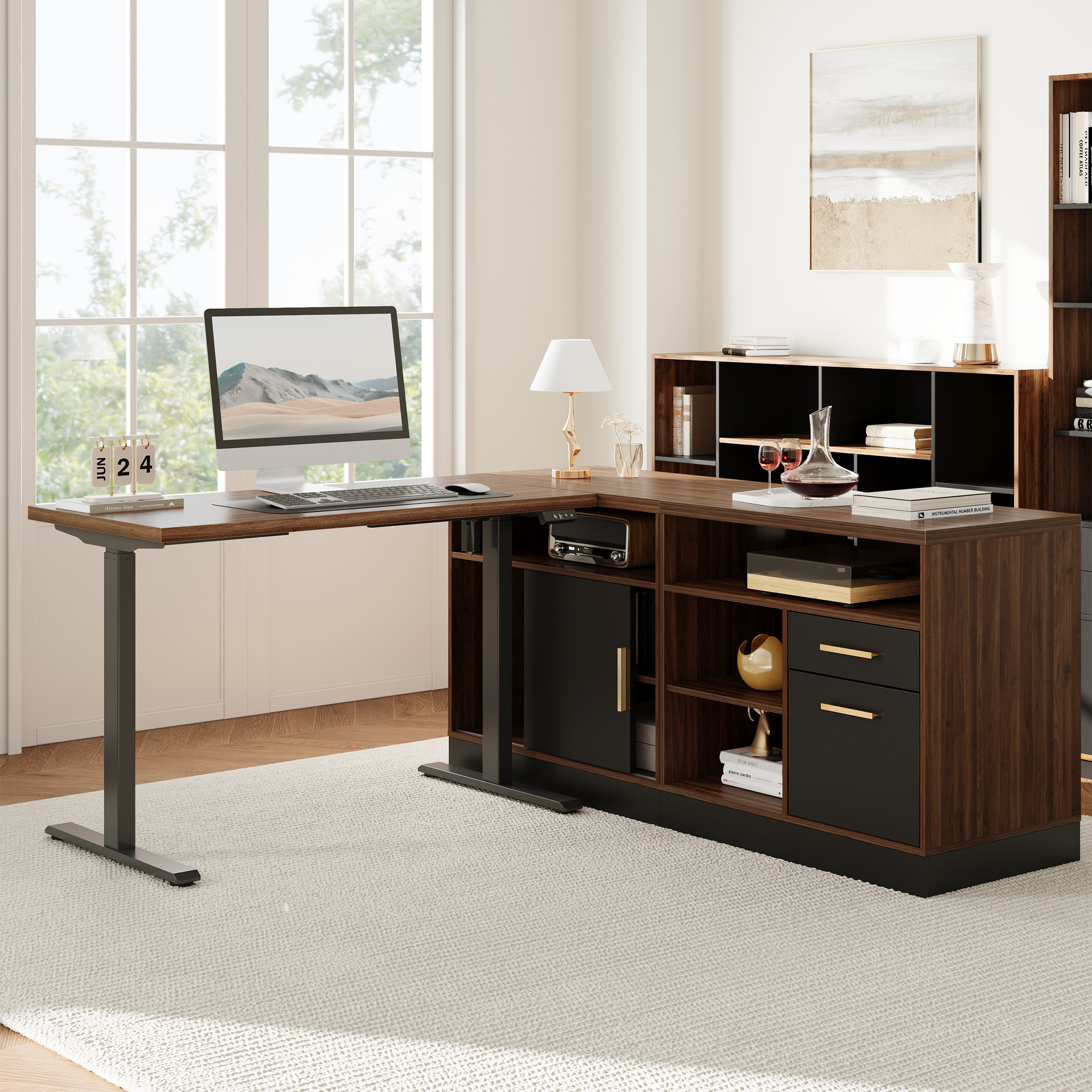 67" L-Shaped Standing Desk With File Cabinets | Electric Height Adjustable | Black Walnut