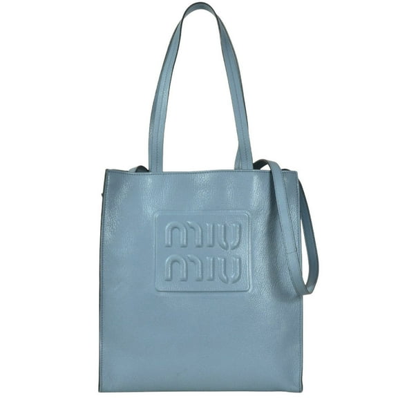 Pre-Owned Miu Miu Miu Madras Tote Bag Leather 5BG264 Sky Blue (Good)