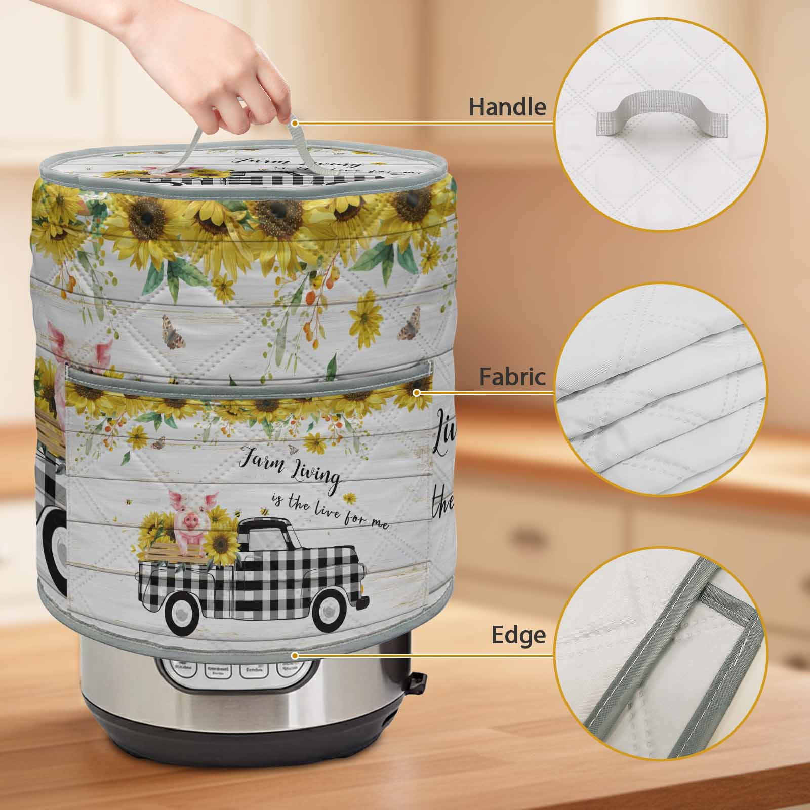 Pig Truck Sunflower Rice Cooker Cover 6 Quart Vintage Farm Loads of Sunshine Board Pressure Cooker Cover Appliance Protector Dust Case with Pocket and Handle for Kitchen