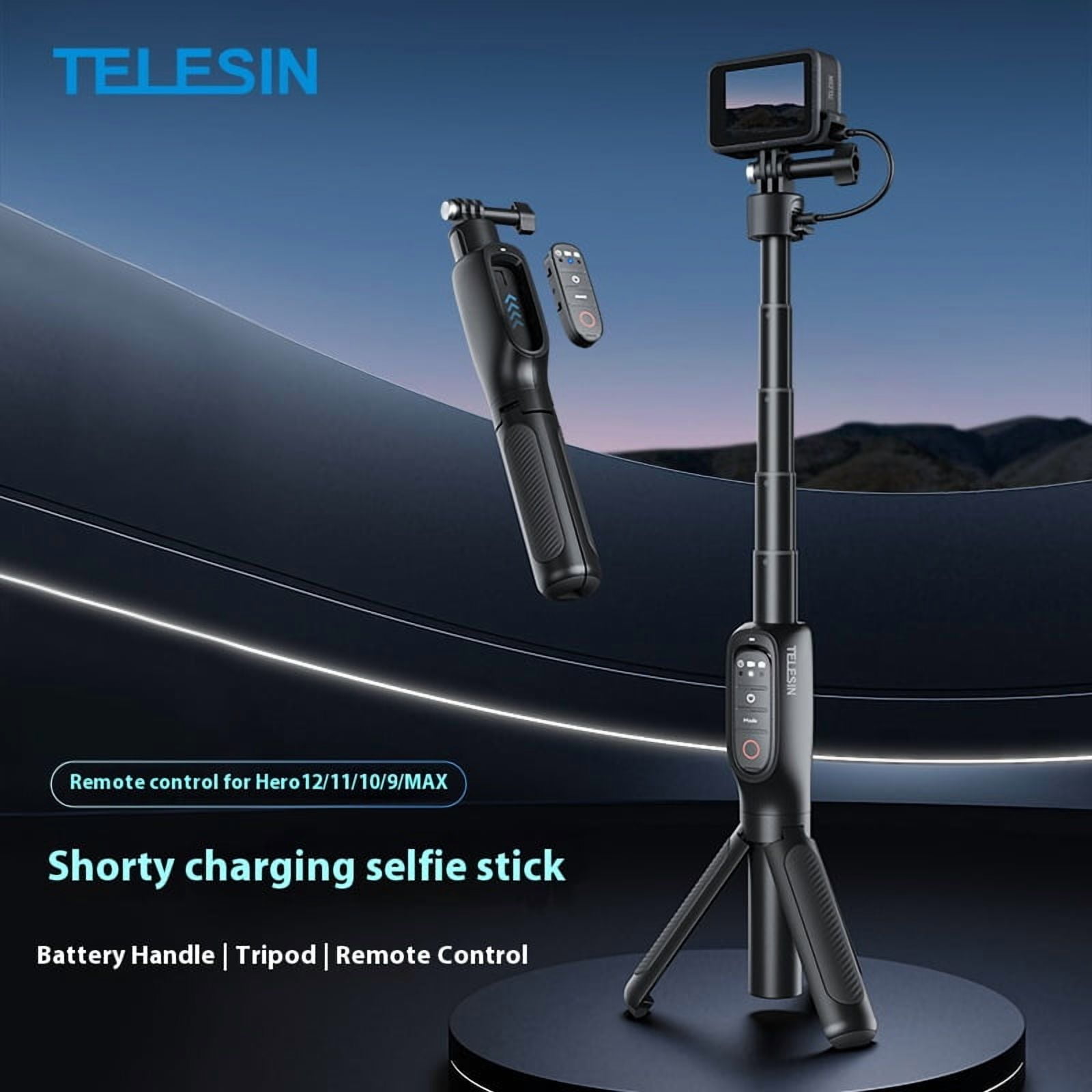 Bigcan Charging Remote Control Tripod Selfie Stick for GoPro Hero 13/12/11/10 – Extendable to 45cm, Magnetic Base, 5000mAh Battery, 360° Adjustable, Bluetooth Remote, USB-C Charging