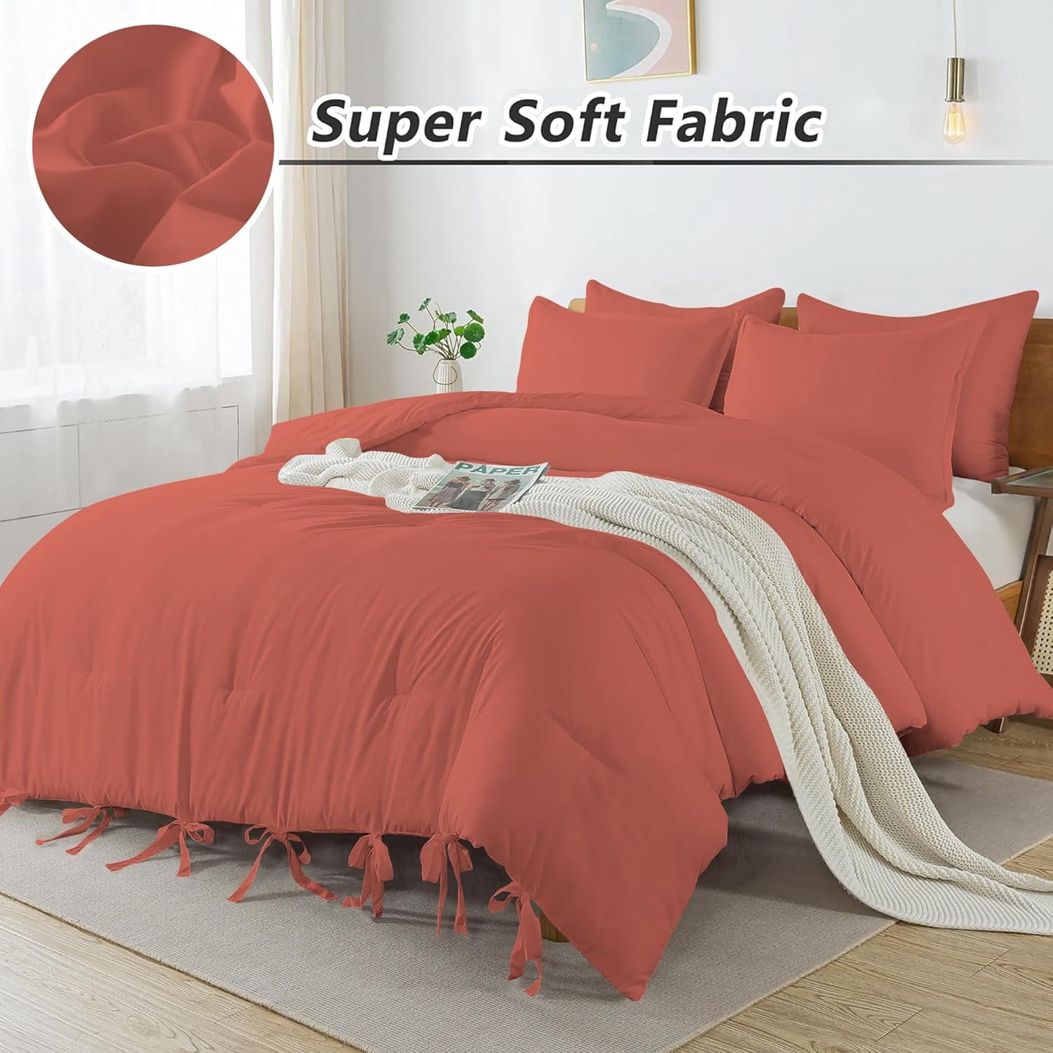 3 Piece Luxury Bottom Tie Pattern Comforter Set, 800 TC, 100% Egyptian Cotton, Super King Size Brick Red Solid