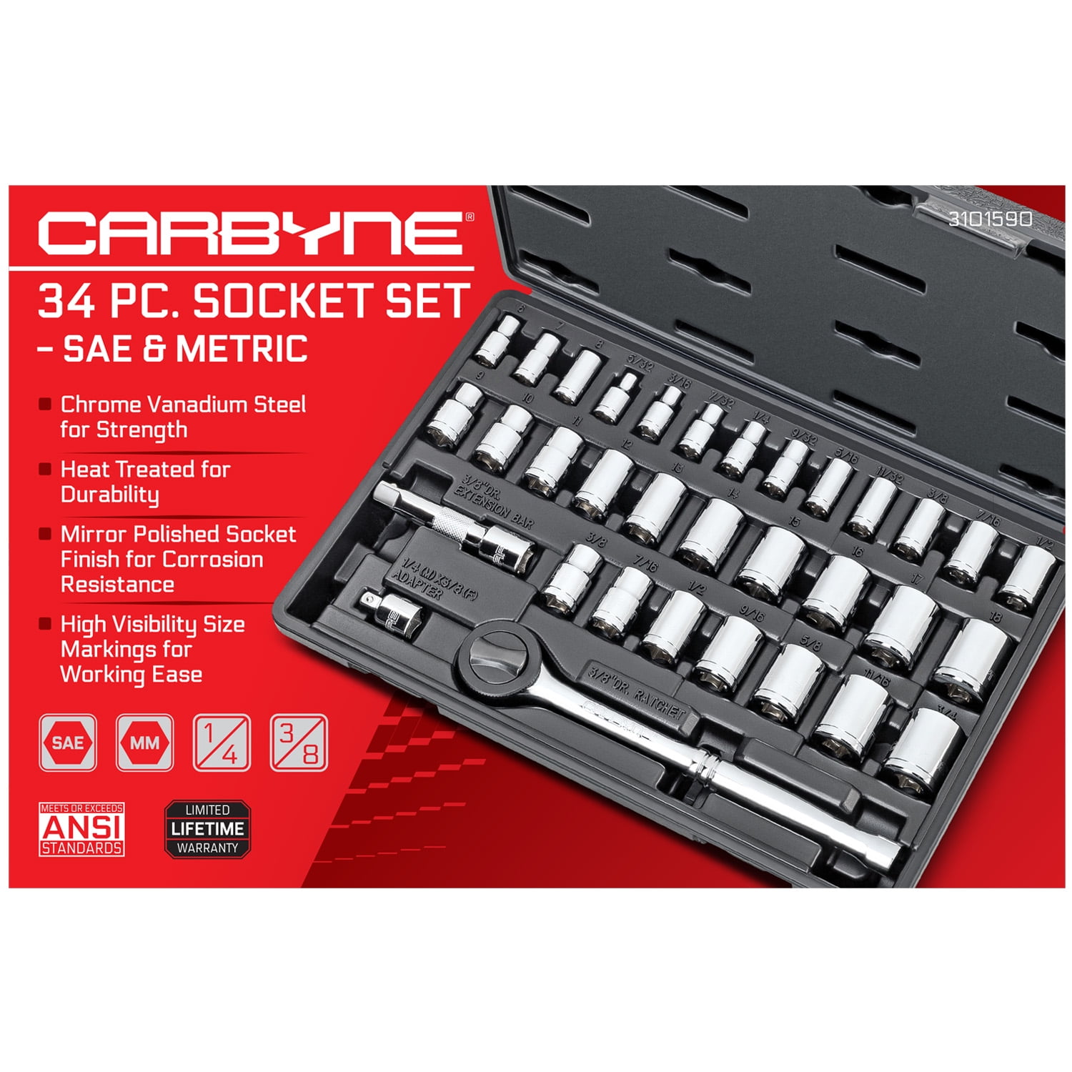Carbyne 34-Piece 1/4 and 3/8 in. Drive Socket and Ratchet Set, SAE and Metric, CrV Steel, 72-Tooth Ratchets, 6 and 12 Point, Compact Storage Case