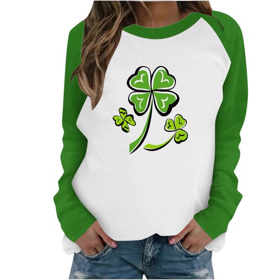 Womens St Patricks Day Tops Four Leaf Clover Shirt Green Long Sleeve Sweatshirt Crewneck Cute Pullover Tops St Patricks Day Shirts for Women