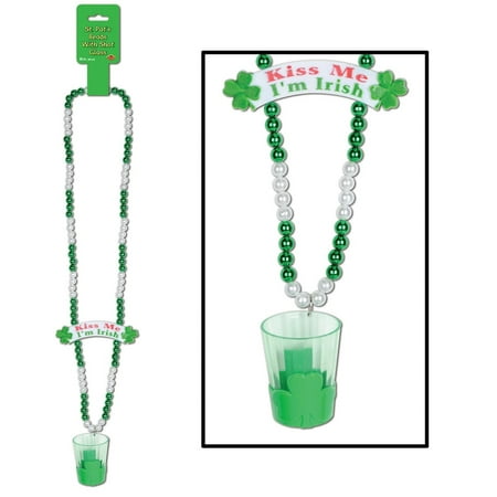 Club Pack of 12 Kiss Me I'm Irish Banner and Beer Glass Medallion St. Patrick's Day Bead Necklaces 39