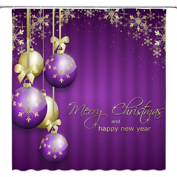 Christmas Shower Curtain Gold Purple Christmas Balls Xmas Snowflake Winter Holiday Happy New Year Merry Christmas Balls Decoration Fabric Bathroom Curtain Set with Hook