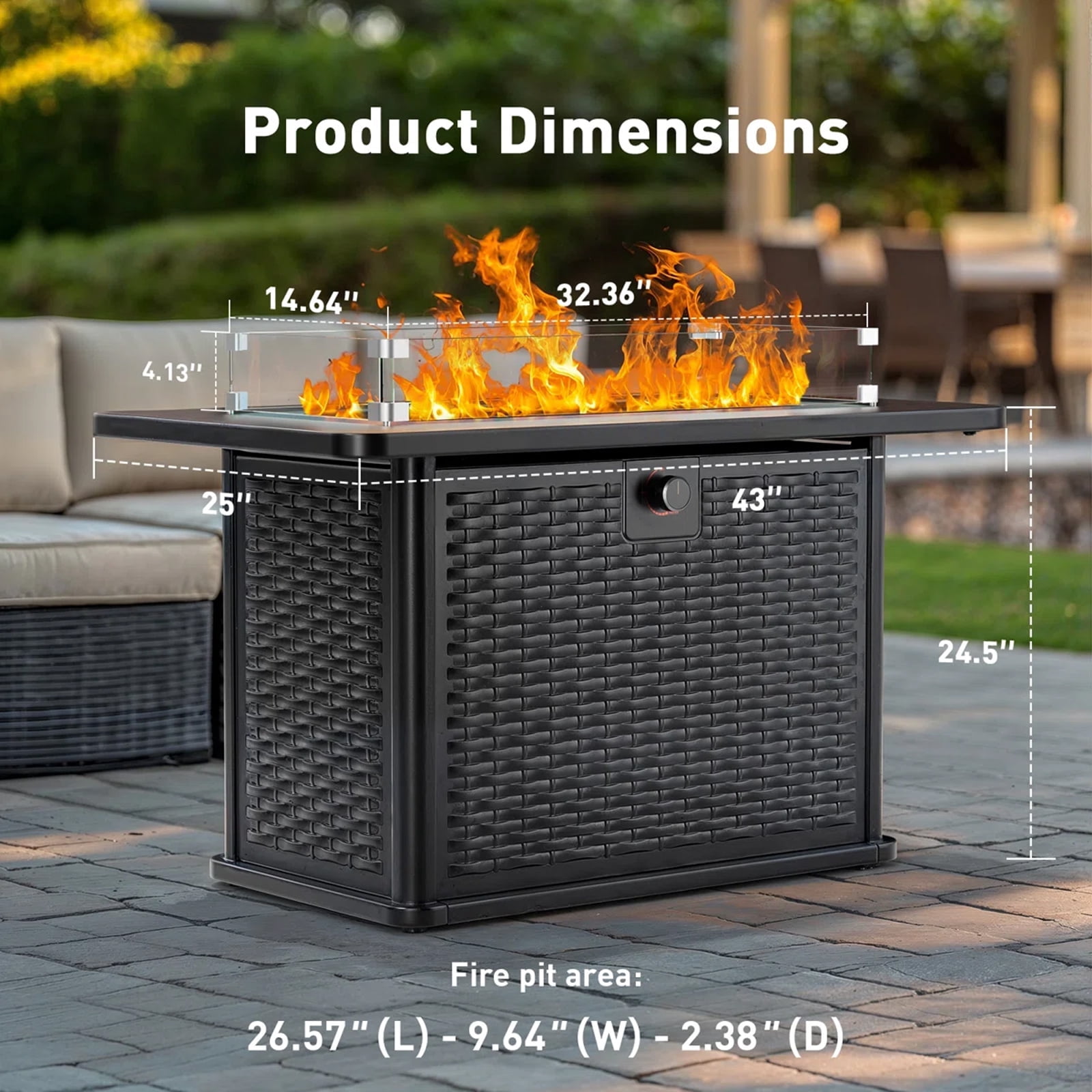 43" Propane Fire Pit Table with Wind Guard - 60,000 BTU Gas Rectangular Fire Pit with Blue Glass Rocks, Waterproof Cover for Deck, Backyard, Garden, Outdoor, CSA-Certified