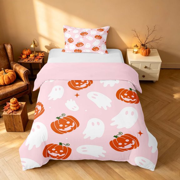 Homewish Ghost Pumpkin Twin Duvet Cover for Girls, Happy Halloween Themed Twin Bedding, Pink Orange White, Pink Reversible 2pcs, 1 Duvet Cover and 1 Pillowcase