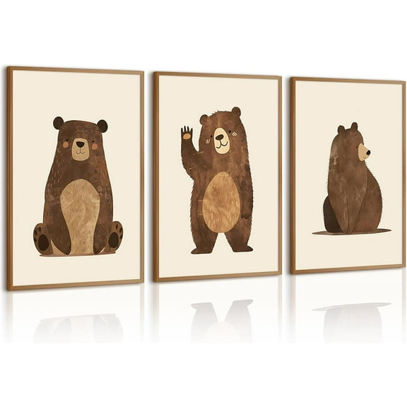Nursery Wall Art Baby Canvas Pictures Bear Wall Decor Boys Room Prints Kids Poster Cute Animal Theme Pictures Woodland Bear Painting Neutral Children Artwork for Bedroom 16x24 Inch Unframed Set of 3
