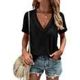 thumbnail image 2 of MIXUE Womens Summer Tops Solid Color V Neck Short Sleeve Fashion Sexy Shirts For Women Tee Shirts Daily-Wear,Black,XL, 2 of 7