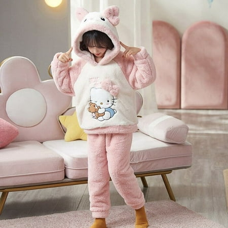 

Anime Sanrio Hello Kitty Cinnamoroll Kuromi Children Winter Pajamas Cute My Melody Coral Velvet Warm Thickened Girl Pajamas Gift