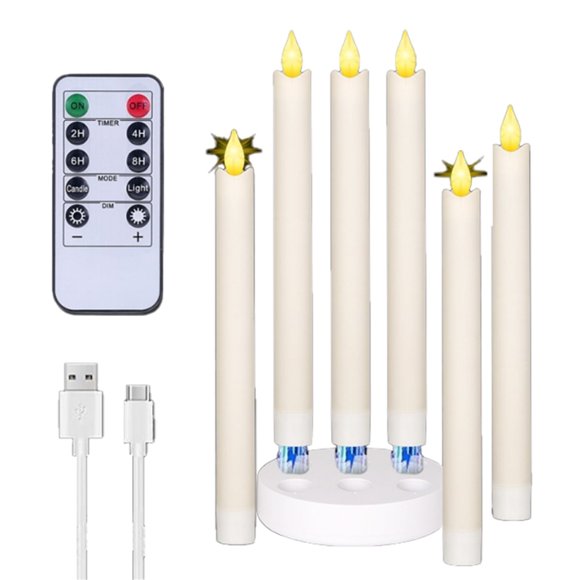6 Velas LED Cónicas Recargables Sin Llama con Estación de Carga y Control Remoto, Llama Parpadeante 3D.