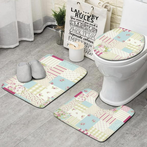 Pioneer Flower Floral Print Pattern Bathroom Rugs Sets 3 Piece,Toilet Cover Set,Absorbent Non Slip Bathroom Mats Sets with U-Shaped Contour Rug Toilet Rug Set