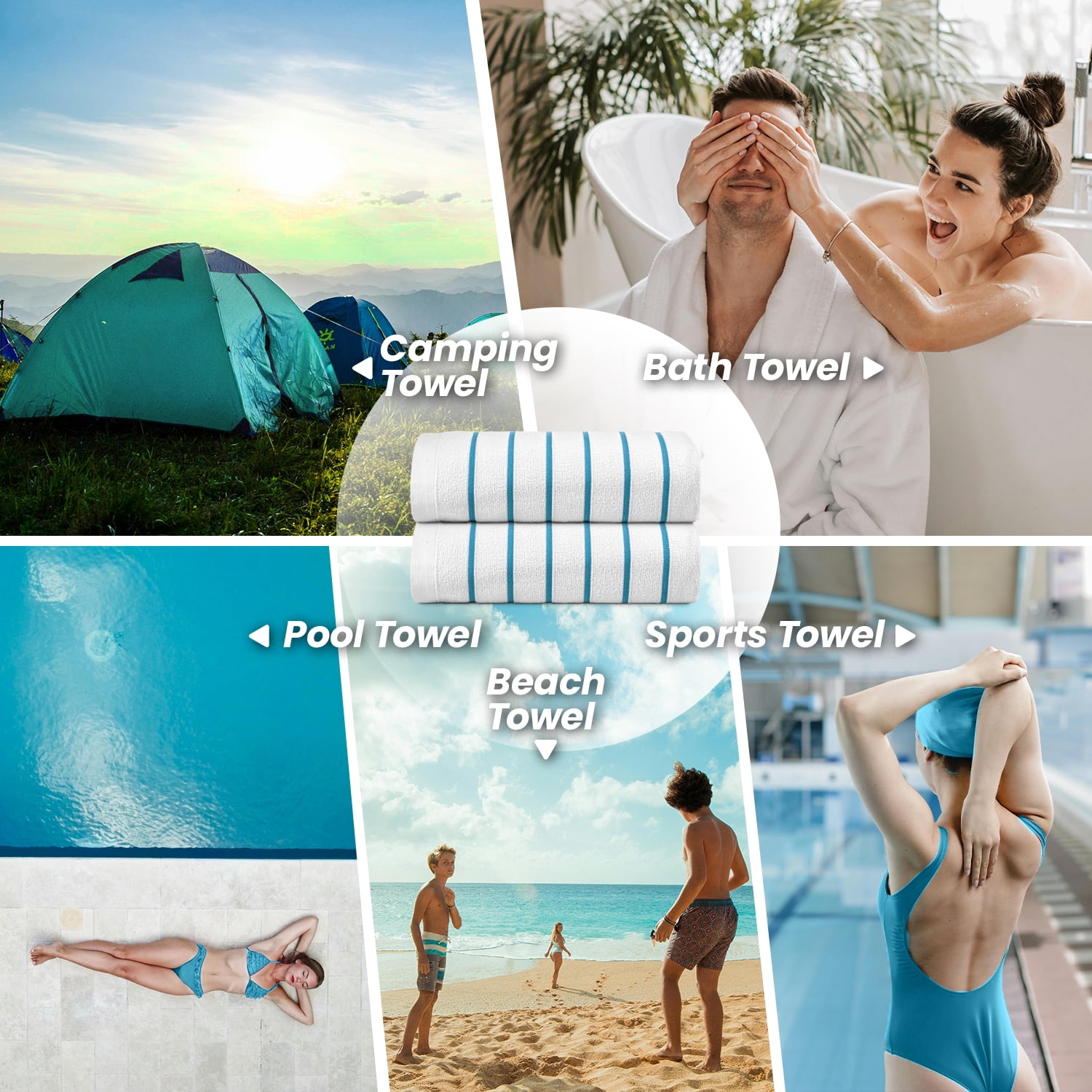 belem Aqua Blue Horizontal Stripe Oversized Pool Towels Bulk 30x60-60 Pack Beach Towels Bulk - Highly Absorbent Spa & Hotel Bath Sheet - Quick Drying & Soft Towels in Bulk