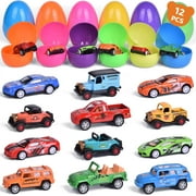 Fun Little Toys 12 Pcs Easter Eggs Prefilled with Pull Back Cars, Diecast Metal Vehicle Toys for Kids, Easter Party Favors, Pinata Fillers, Classroom Prizes, Easter Basket FIllers