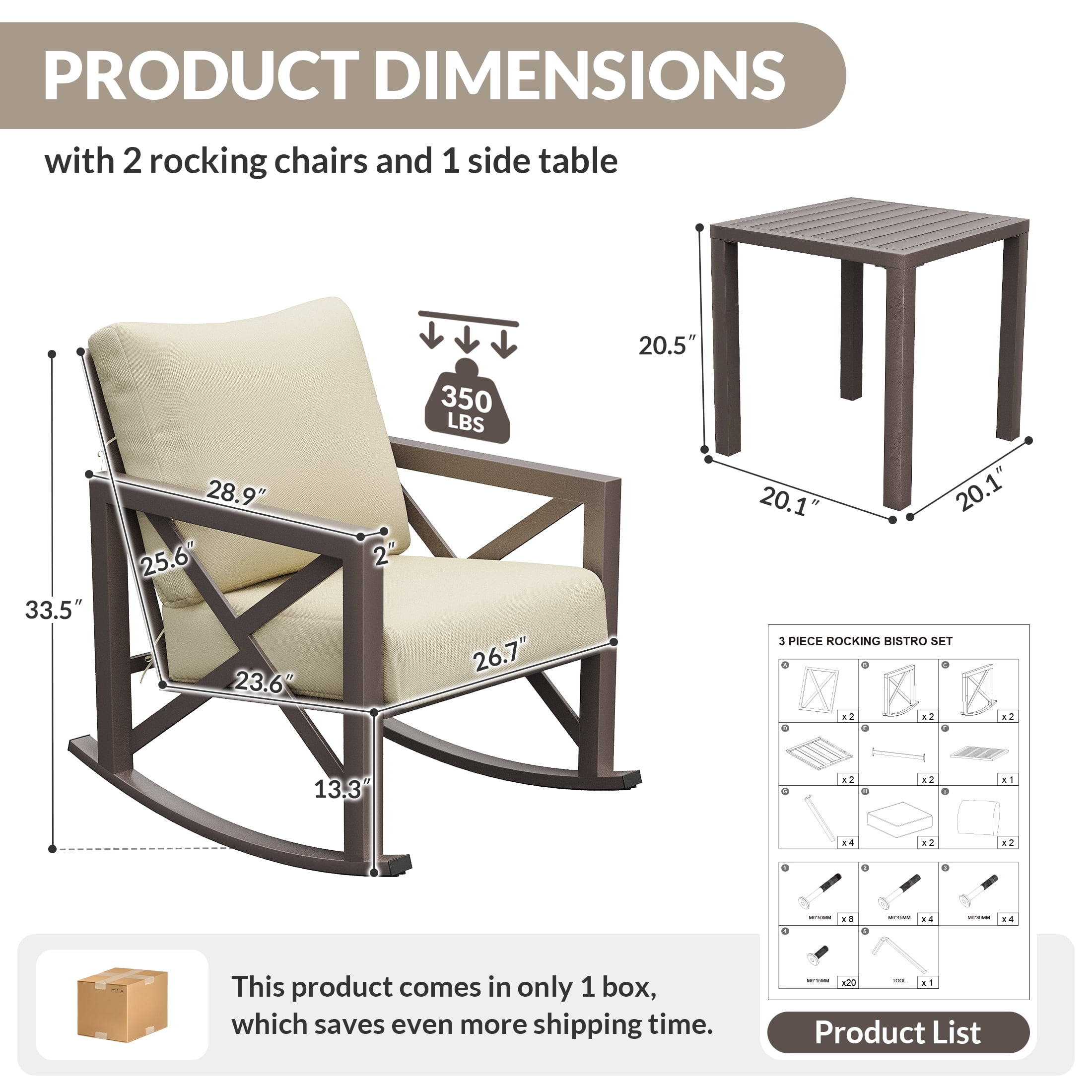 UDPATIO 3-Piece Metal Patio Rocking Chair Set, Heavy Duty 350 lbs Capacity Outdoor Bistro Furniture Set with 2 Rockers, Thick Cushions and Coffee Table for Porch, Rust-Resistant, Beige