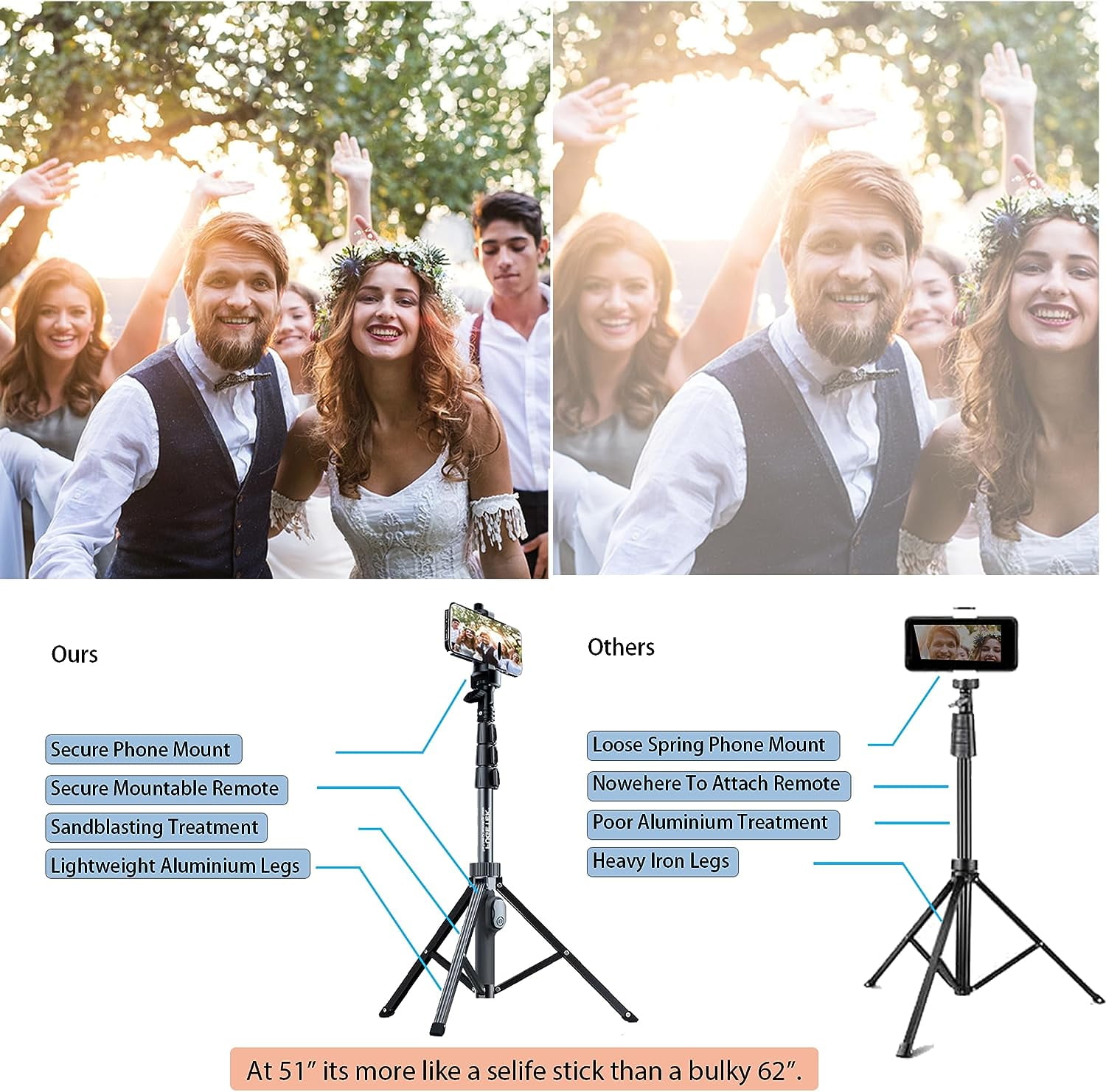 51" Professional Selfie Stick Tripod, 100% All Aluminum & Legs, Lightweight, Detachable Bluetooth Remote, Portable in One, Compatible with iPhone Android, Non Skid Feet, Black