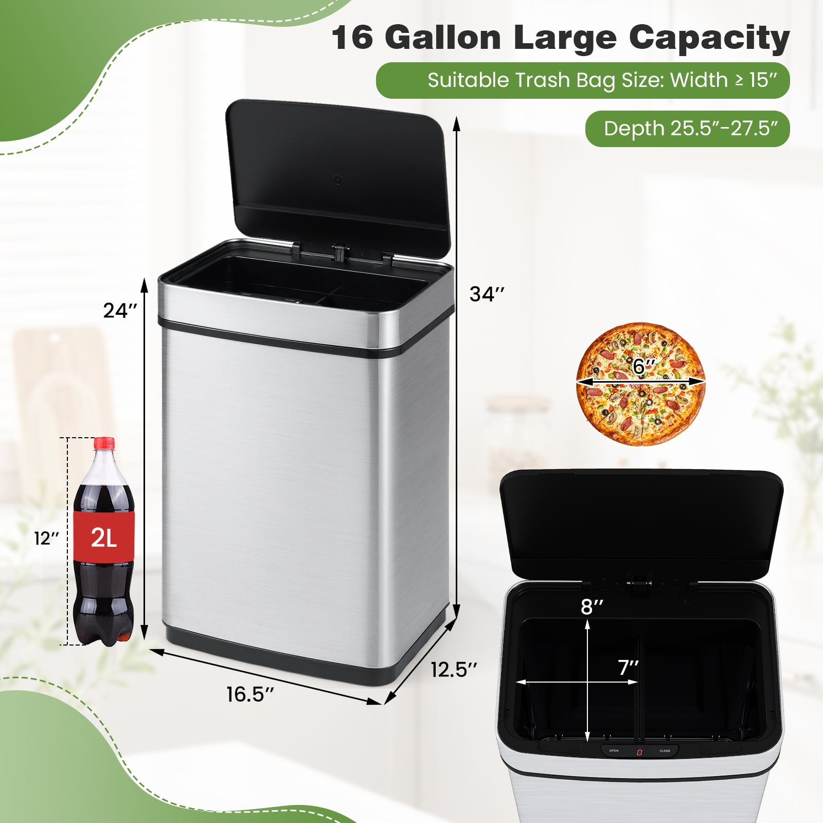 Gymax 16 Gallon Trash Can w/Dual Compartments for Bedroom Bathroom Kitchen Stay Open