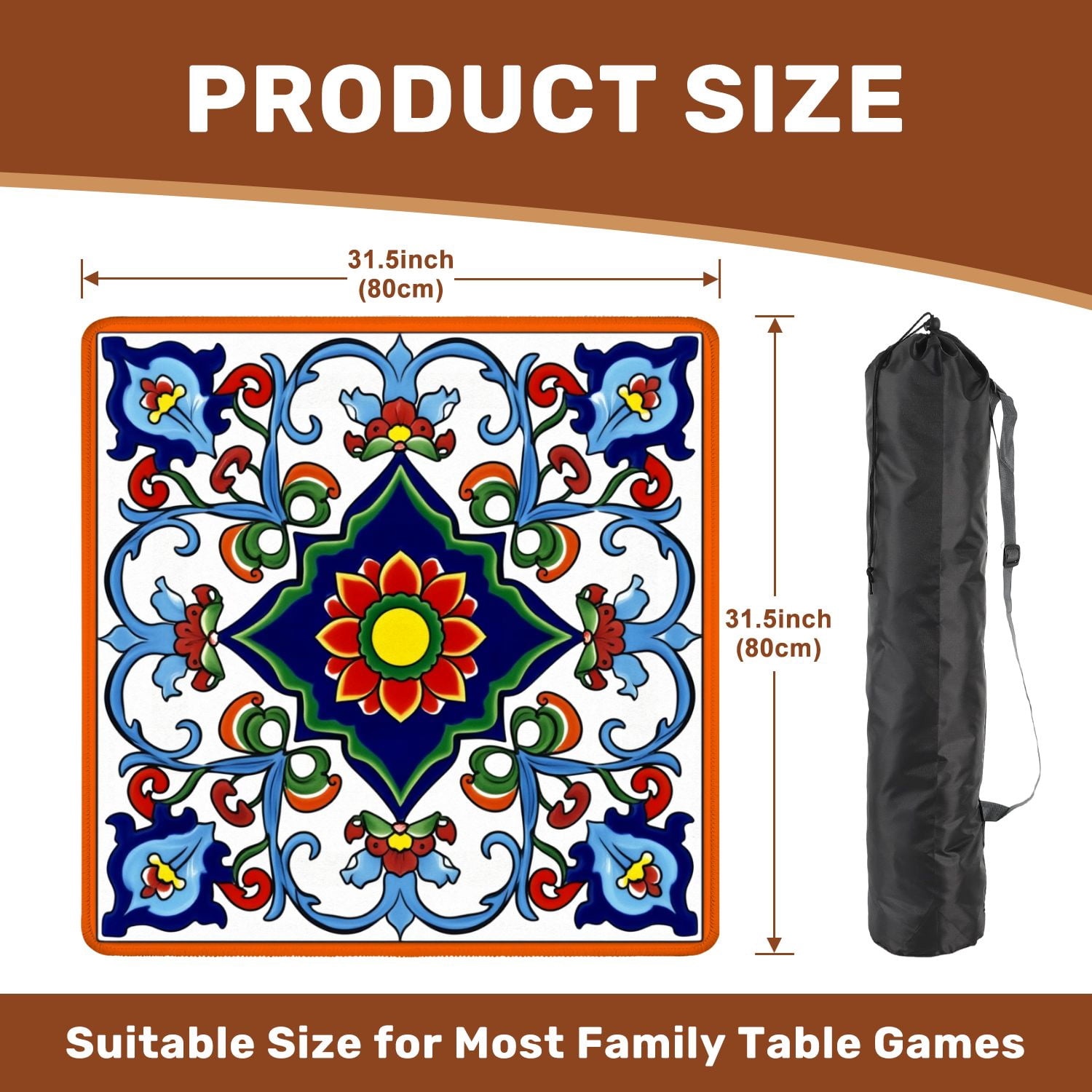 Mahjong Mat 31.5" x 31.5" Floral Geometric Tile Vibrant Colors Symmetrical Design Non-Slip Noise Reduction American Mahjong Tiles Table Cover for Dominoes Poker Card Board Games Gift