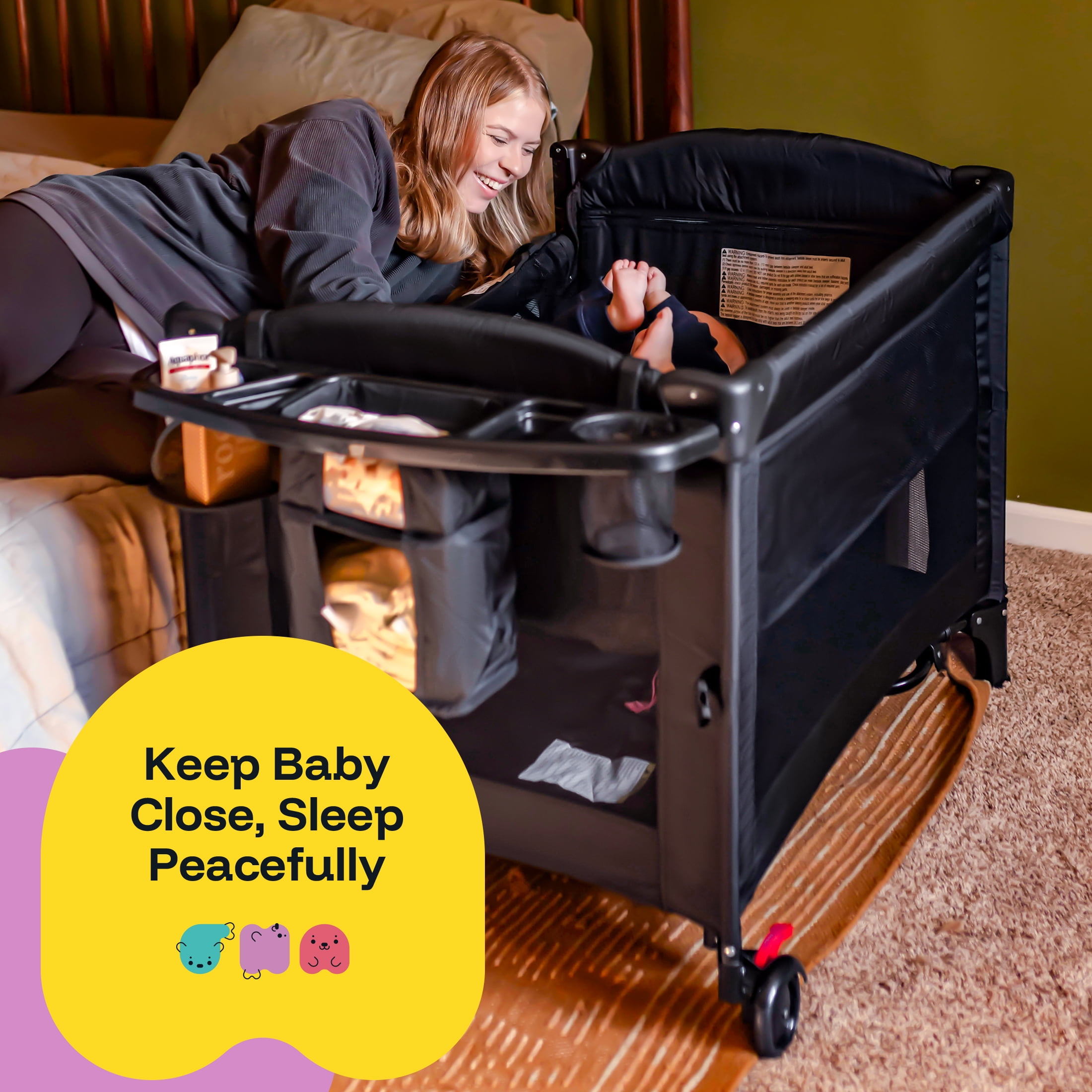 HARPPA 5 in 1 Portable Playard and Bassinet Bedside Sleeper for Newborn to Toddler, Unisex, Black