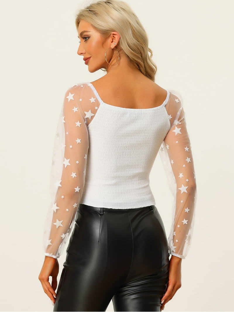 Women's Sheer Star Long Sleeve Square Neck Sexy Textured Gothic