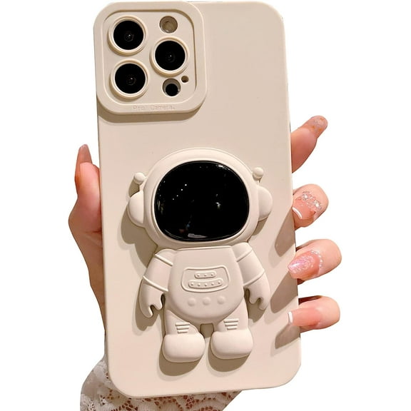 Compatible for iPhone 13 Pro Max Cute Case, 6D Astronaut Hidden Stand Phone Case for Women Girls Soft TPU Shockproof Back Cover - White