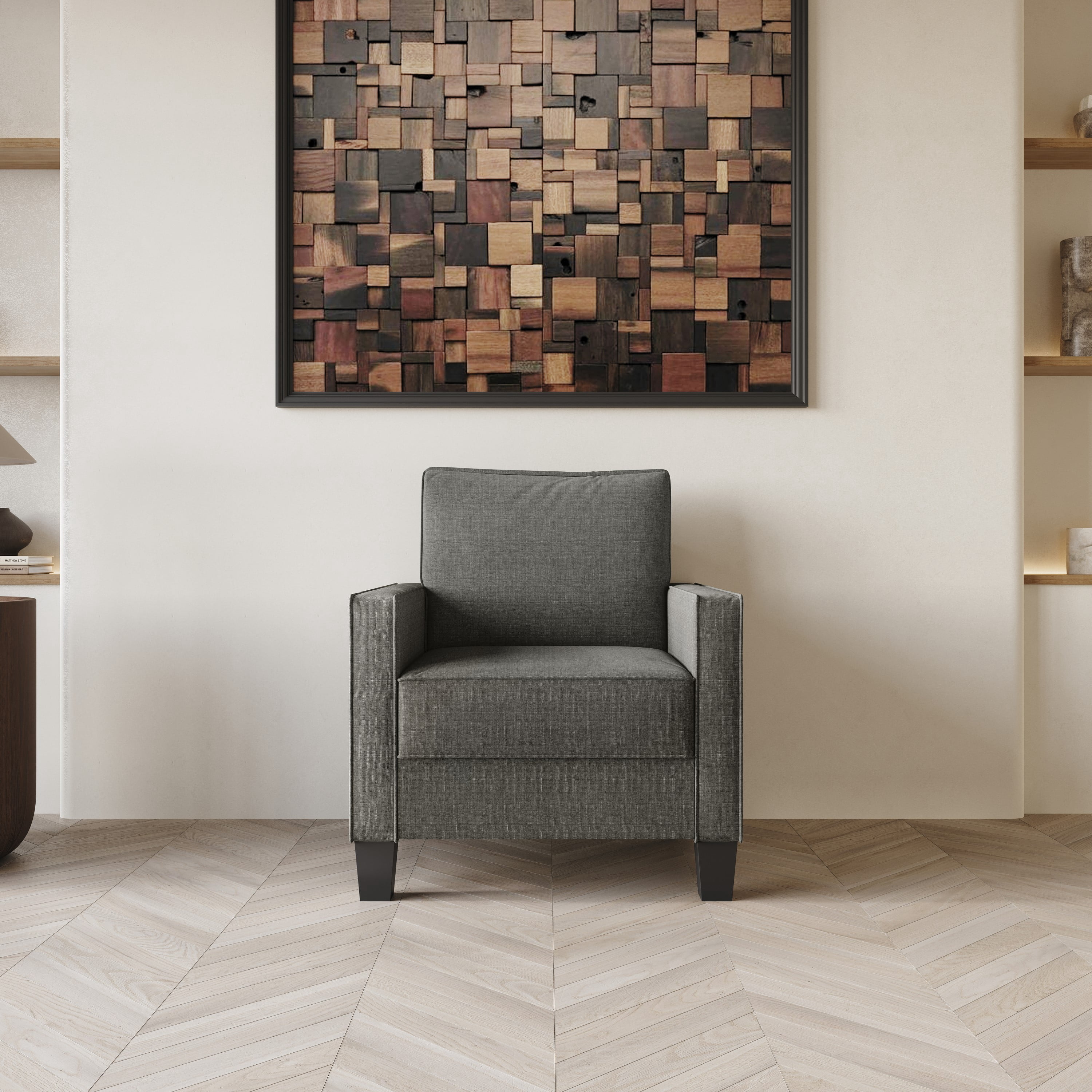 Home Design Marcia 3-Piece Square Arm Living Room Set with Armchair, Loveseat, and Sofa, Modern Upholstery and Black Legs, Gray