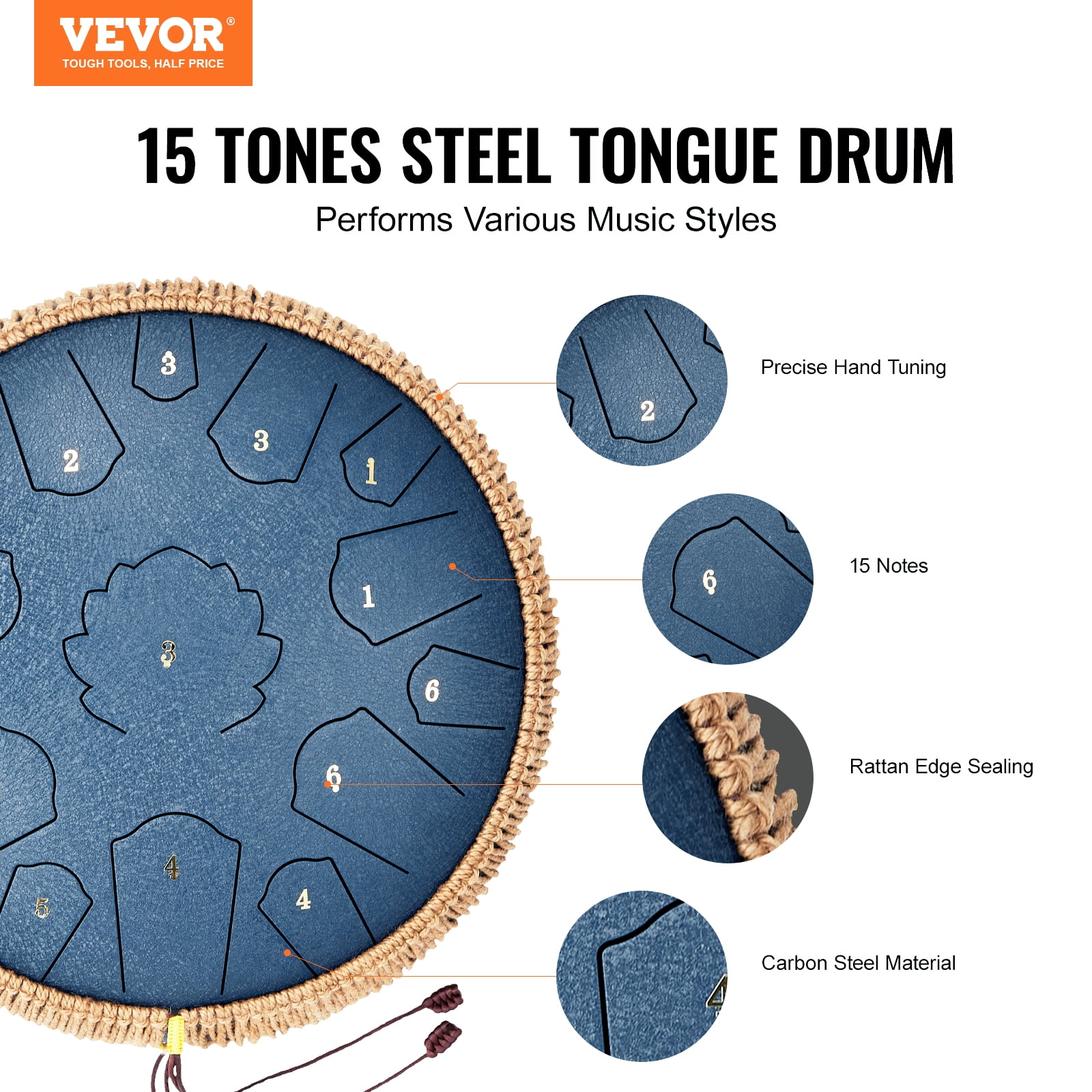 VEVOR Steel Tongue Drum, 14 in & 15 Notes, Rain Drum for Outside Garden, C Major Key, Tank Drum with 2 Mallets & Carry Bag, Hand Pan Drum Percussion Instrument for Musical Education Yoga, Navy Blue
