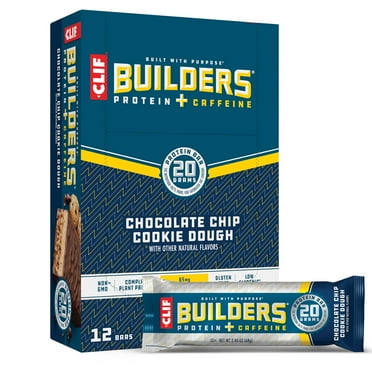 CLIF Builders   Caffeine OIF8 - Chocolate Chip Cookie Dough Flavor - Plant Based Protein Bars - Gluten Free - Non-GMO - Low Glycemic - 20g Protein - 2.4 oz. (12 Count)