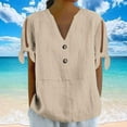 thumbnail image 4 of Ashyfjp Womens Tops Casual Loose-Fit Solid Color Short Sleeve V-Neck Button-Up Tie-Front Comfortable Shirts for Women, Beige, S, 4 of 7
