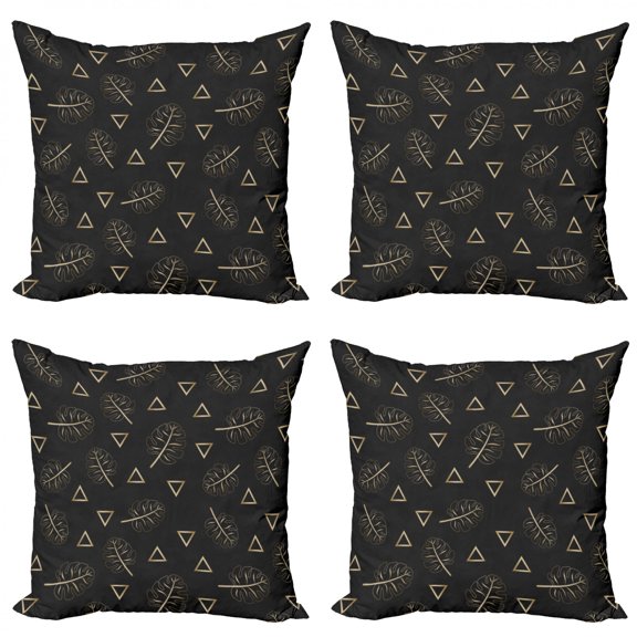Aloha Throw Pillow Cushion Case Pack of 4, Contemporary Exotic Pattern of Triangles and Monstera Leaves Composition, Modern Accent Double-Sided Print, 4 Sizes, Charcoal Grey and Ecru, by Ambesonne