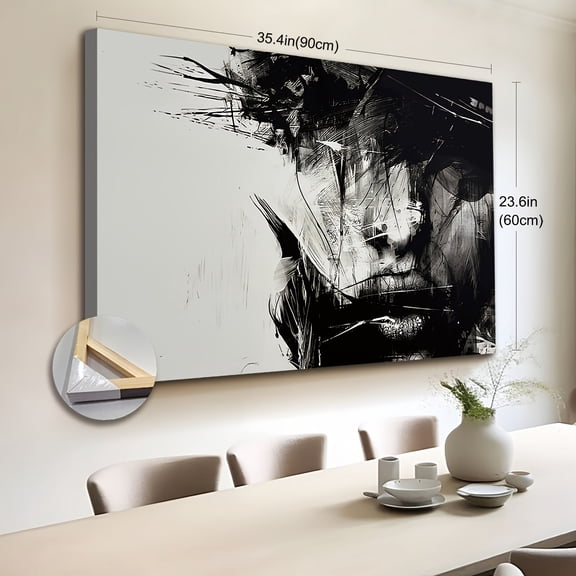 1pc Extra Large Canvas Wall Art - Modern Abstract Black and White Face Painting, Framed Painting with Wrapped Canvas Frame, Large Wall Decor for Living Room, Bedroom, Office