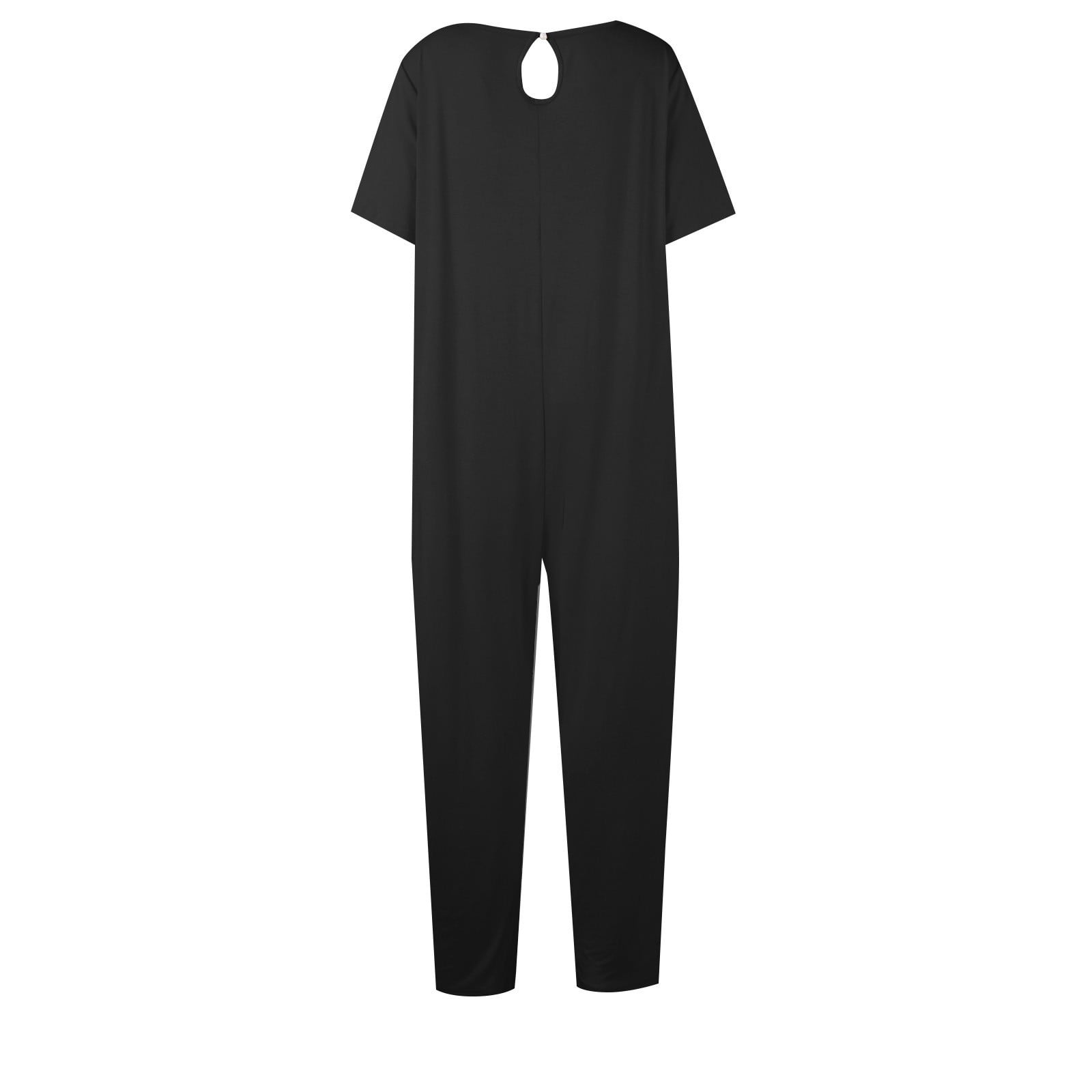 AGWOLF Adult Onesie Pajamas for Women Stretch V Neck Short Sleeve Jumpsuits Loose Fit Solid Ankle Length Pants Summer Rompers with Pockets Soft Sleepwear Homewear One Piece Black XXL