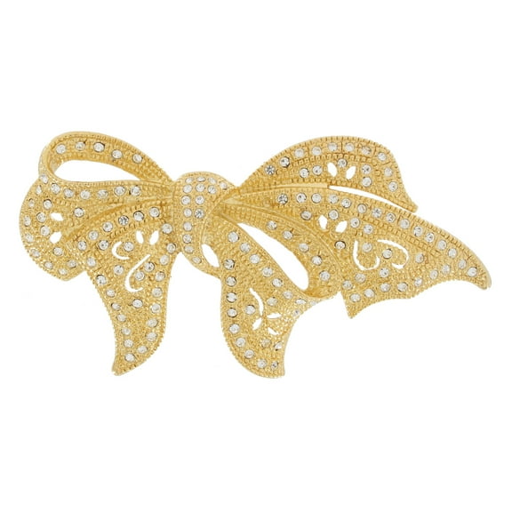 Napier Large Gold Tone Rhinestone Studded Bow Ribbon Brooch Pin Womens Adult Fashion
