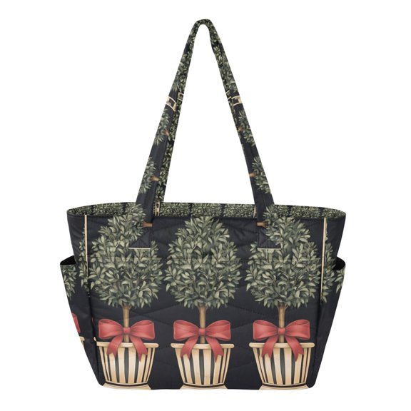 FORMRS Tote Bag for Women Quilted Large Capacity Travel Work Carry On Shoulder Handbag, Beige Striped Trees