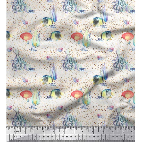 Soimoi Polyester Crepe Fabric Fish & Octopus Ocean Print Fabric by The Yard 42 Inch Wide