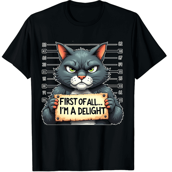 Funny Grumpy Cat Mugshot T-Shirt - First Of All I'm A Delight Sarcastic Graphic Tee for Men and Women - Retro Humor Animal Lover Apparel