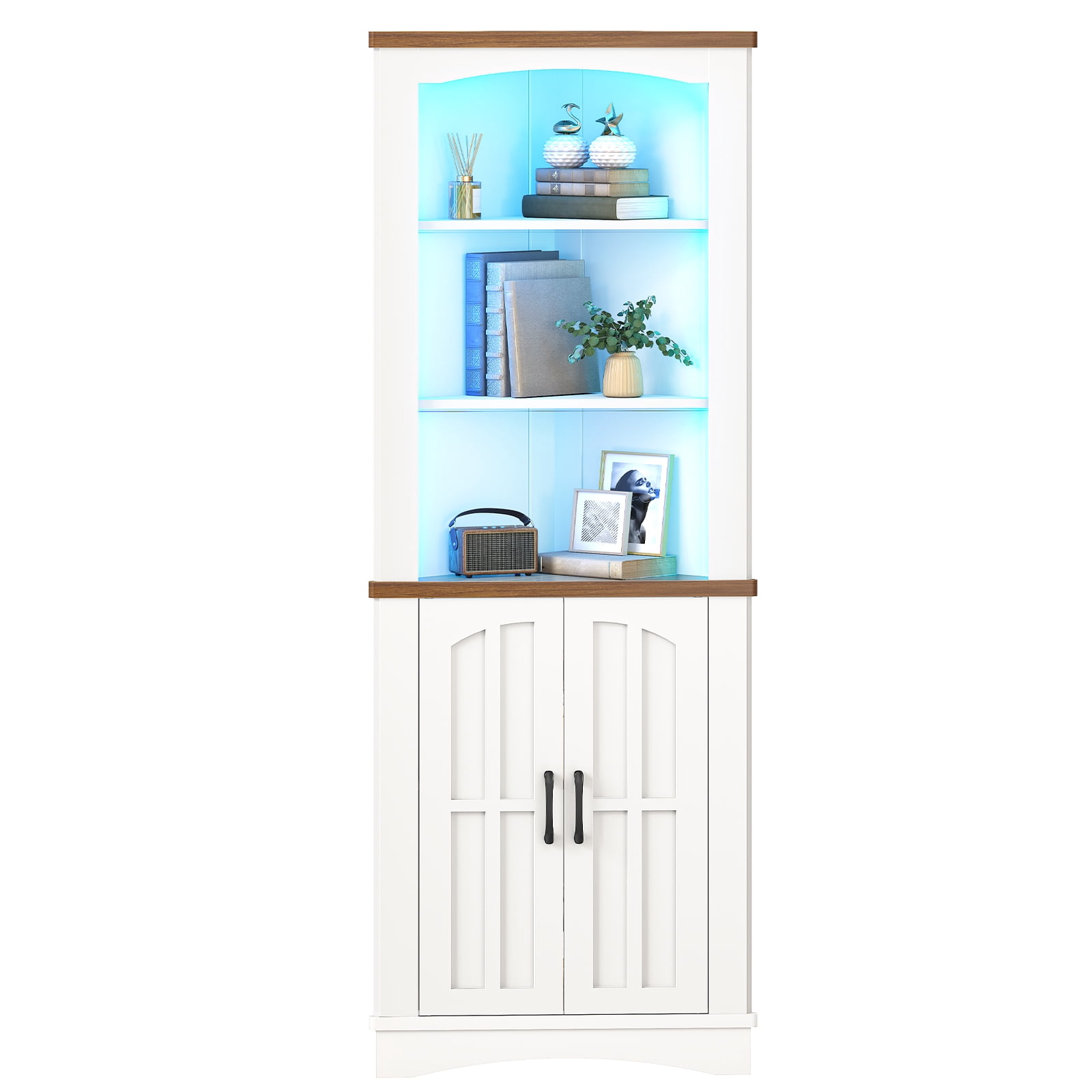 HOOBRO Corner Cabinet with LED Lights, 67" Tall Farmhouse Corner Storage Cabinet with Doors, 5-Tier Corner Shelf Bookcase, Bathroom Hutch, for Living Room, Kitchen, White and Walnut WH74DCJ01