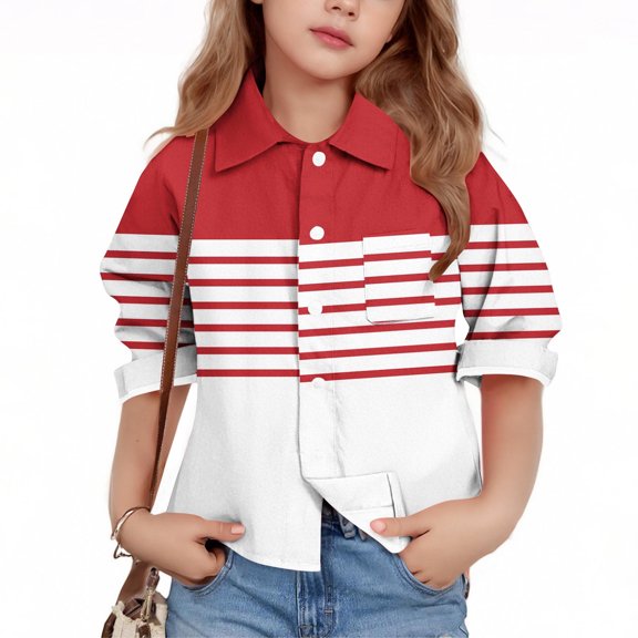 Crunowin Boys And Girls Button Down Shirts Long Sleeve Striped Print Spring Summer School Tops Red Size 15 Years