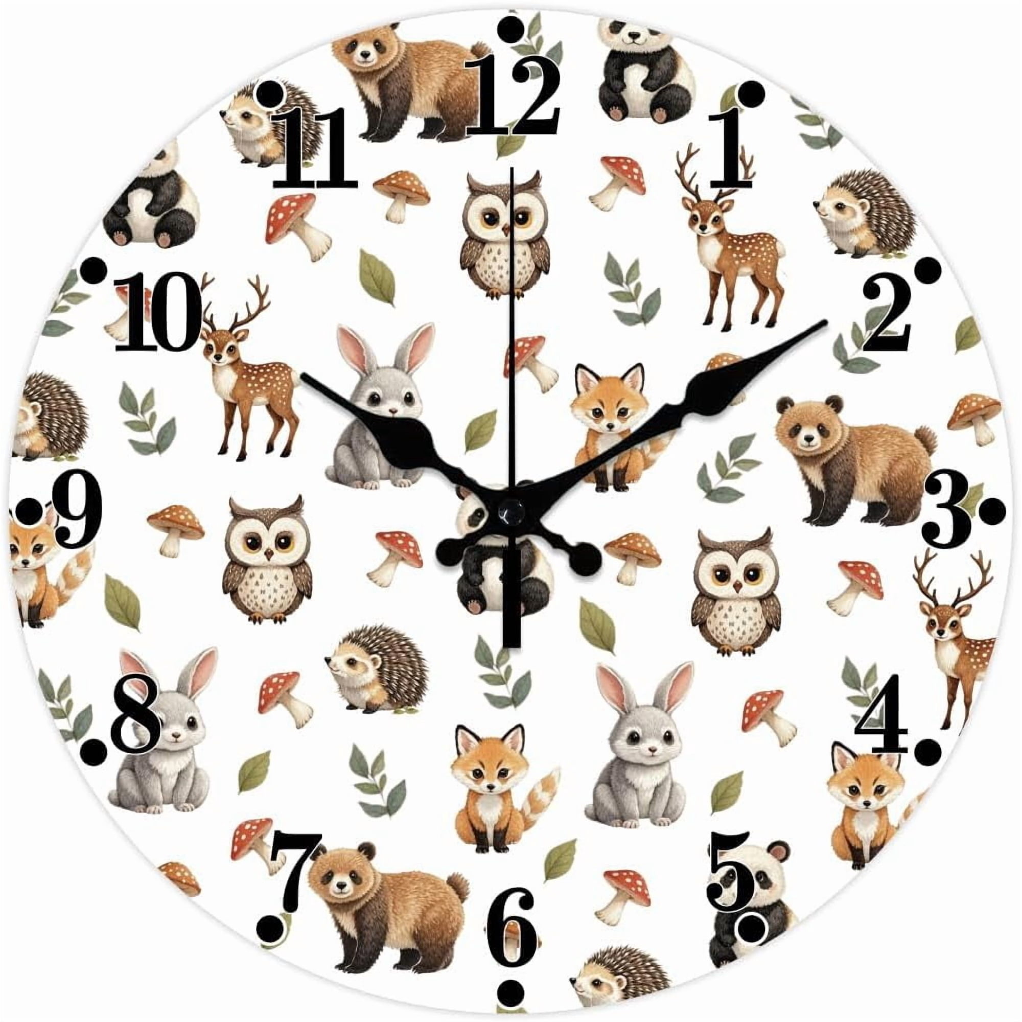 Forest Animals Pattern Wall Clock Bear Rabbit 12 Inch Non-Ticking Clocks Deer and Fox Round Wall Hanging Clock Battery Operated for Bedroom Living Room Kitchen Office