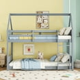 thumbnail image 2 of Bellemave Rubber Wood House Bunk Bed Frame Twin over Twin Low Bunk Bed with Headboard and Footboard Twin Floor Bunk Bed with Wooden Slats(Gray), 2 of 11