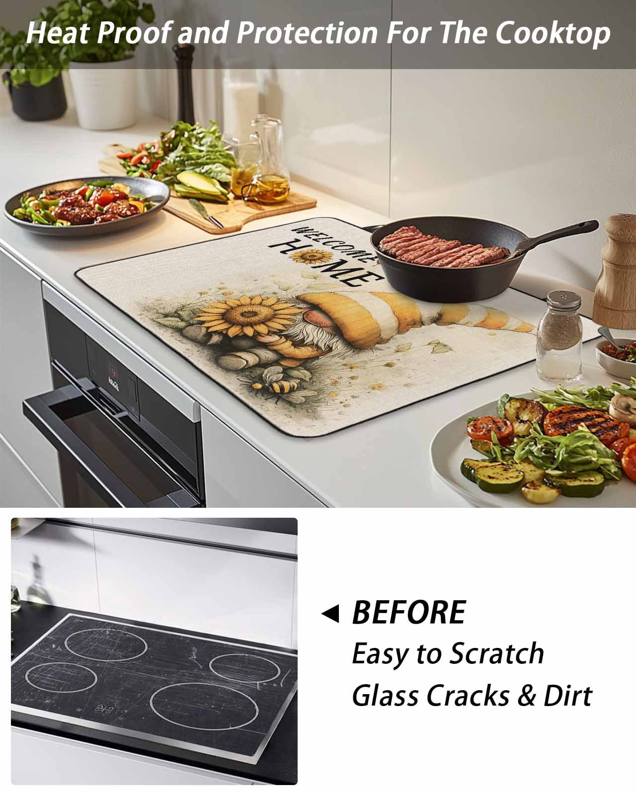 Stove Top Covers for Electric Stove 24x21 Inches, Yellow Sunflower Heat Insulation Fireproof Glass Cooktop Protector, Gnomes Butterfly Beige Retro Floral Countertop Stovetop Cover for Kitchen