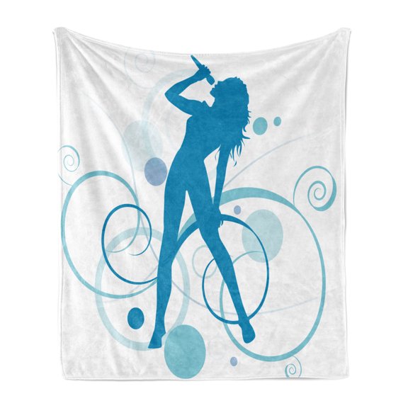 Silhouette Soft Flannel Fleece Blanket, Monochrome Female Lead Singer Star Diva Microphone Curvy Ornaments Print, Cozy Plush for Indoor and Outdoor Use, 70" x 90", Sea Blue and White, by Ambesonne