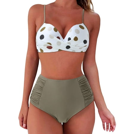Gubotare Womens High Waisted Bikini Sets Color Block Tummy Control Swimsuits Two Piece Bathing Suit 2024 (Khaki L)