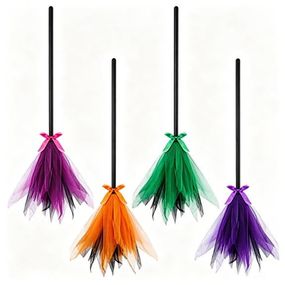 EBaokuup 4-Piece Halloween Witch Broom Set, Detachable Broomstick with Layered Tulle for Costume and Cosplay