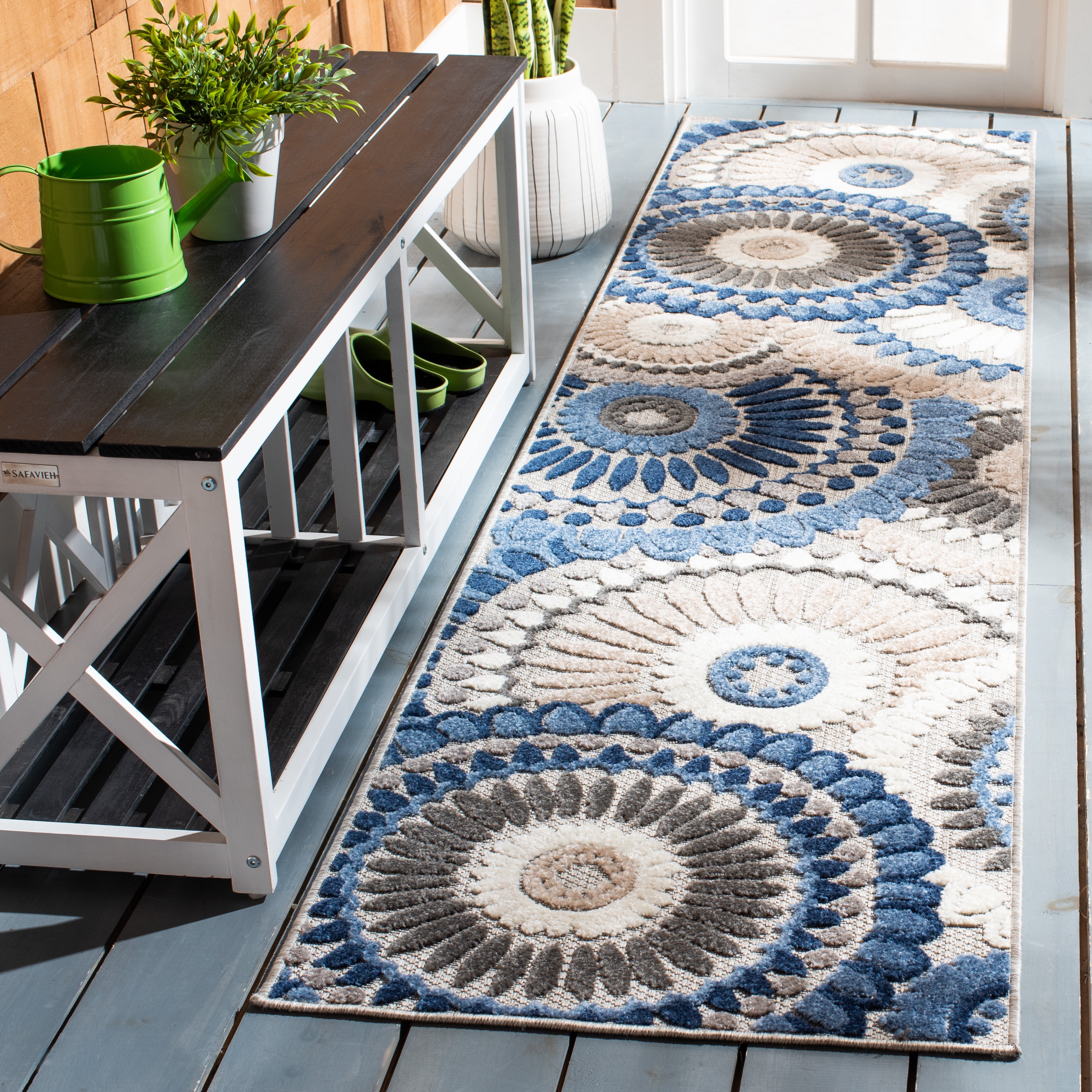 SAFAVIEH Cabana Brynn Floral Indoor/Outdoor Runner Rug, Grey/Blue, 2'2" x 5'