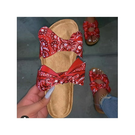 

Daeful Ladies Slides Open Toe Slide Sandal Bow Sandals Summer Anti Skid Comfort Slip On Slippers Satin Red 11