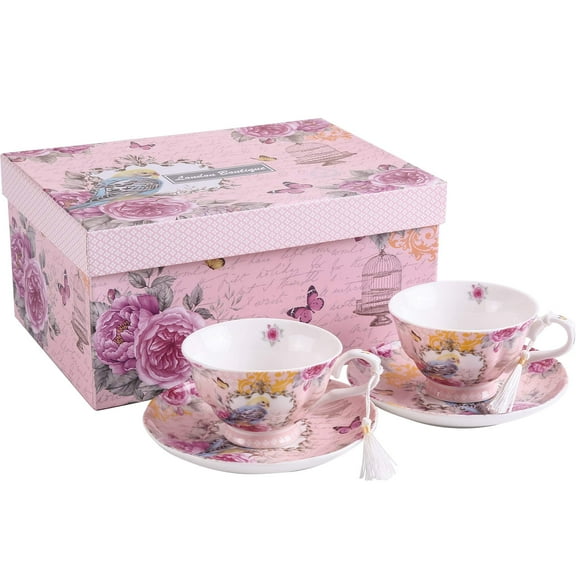London Boutique Tea Cups and Saucers Set 2 Tea Set Floral Tea Cup Vintage Shabby Chic Premium Porcelain New Bone China Gift Box 8oz (Vintage Retro Rose)
