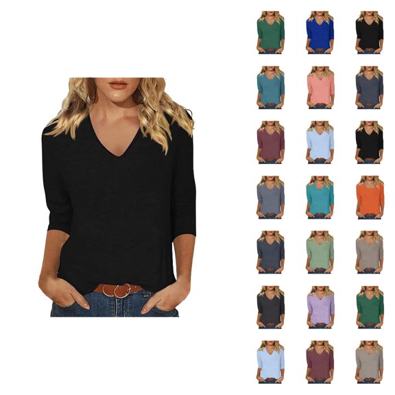 3/4 Sleeve T Shirts for Women V Neck Fashion Solid Casual Womens Summer Tops Basic Tops Office Shirts