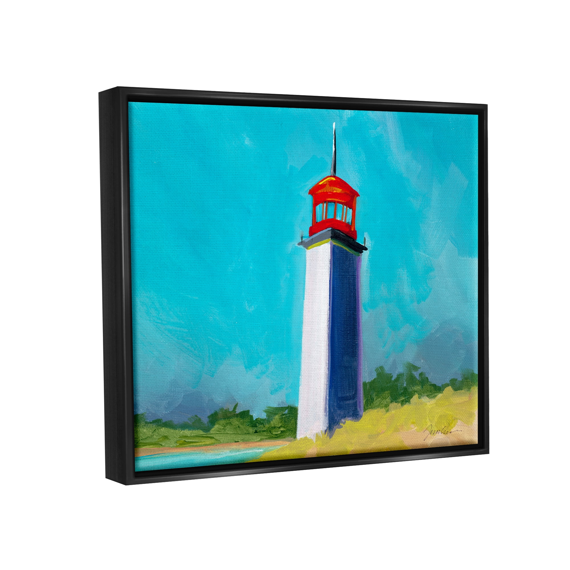 Stupell Industries Vivid Blue Lighthouse Nature Painting Black Floater Framed Art Print Wall Art, 21 x 17