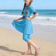 thumbnail image 5 of Cowsor 0-13 Years Girls Hawaiian Color Block Three Piece Swimsuit Set Long Sleeve Top Capri Pants Swim Cap UV Protection Modest Swimwear for Beach Surfing Pool, 5 of 6